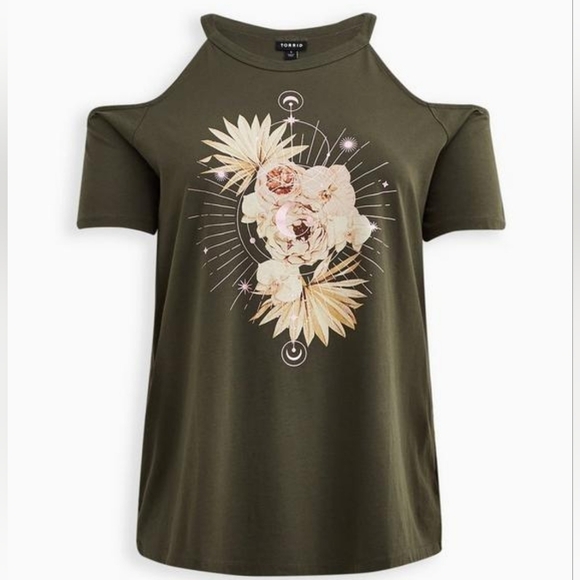 Torrid Floral Cold Shoulder Green Top Size 0 - Large - Picture 4 of 11